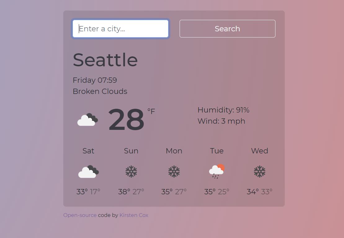 Weather app coded by Kirsten Cox